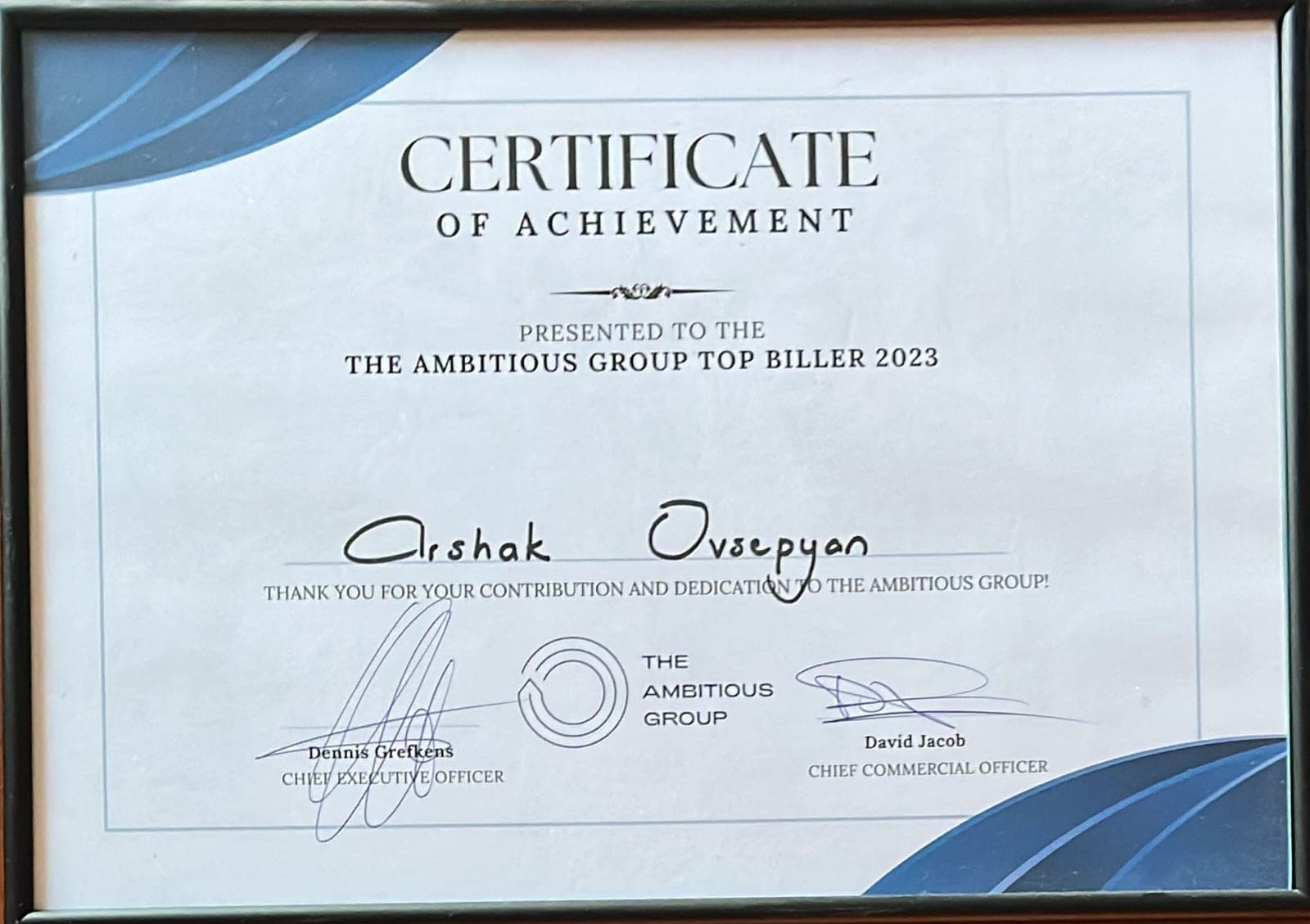 Certificate of Achievement 2023 – Arshak Ovsepyan